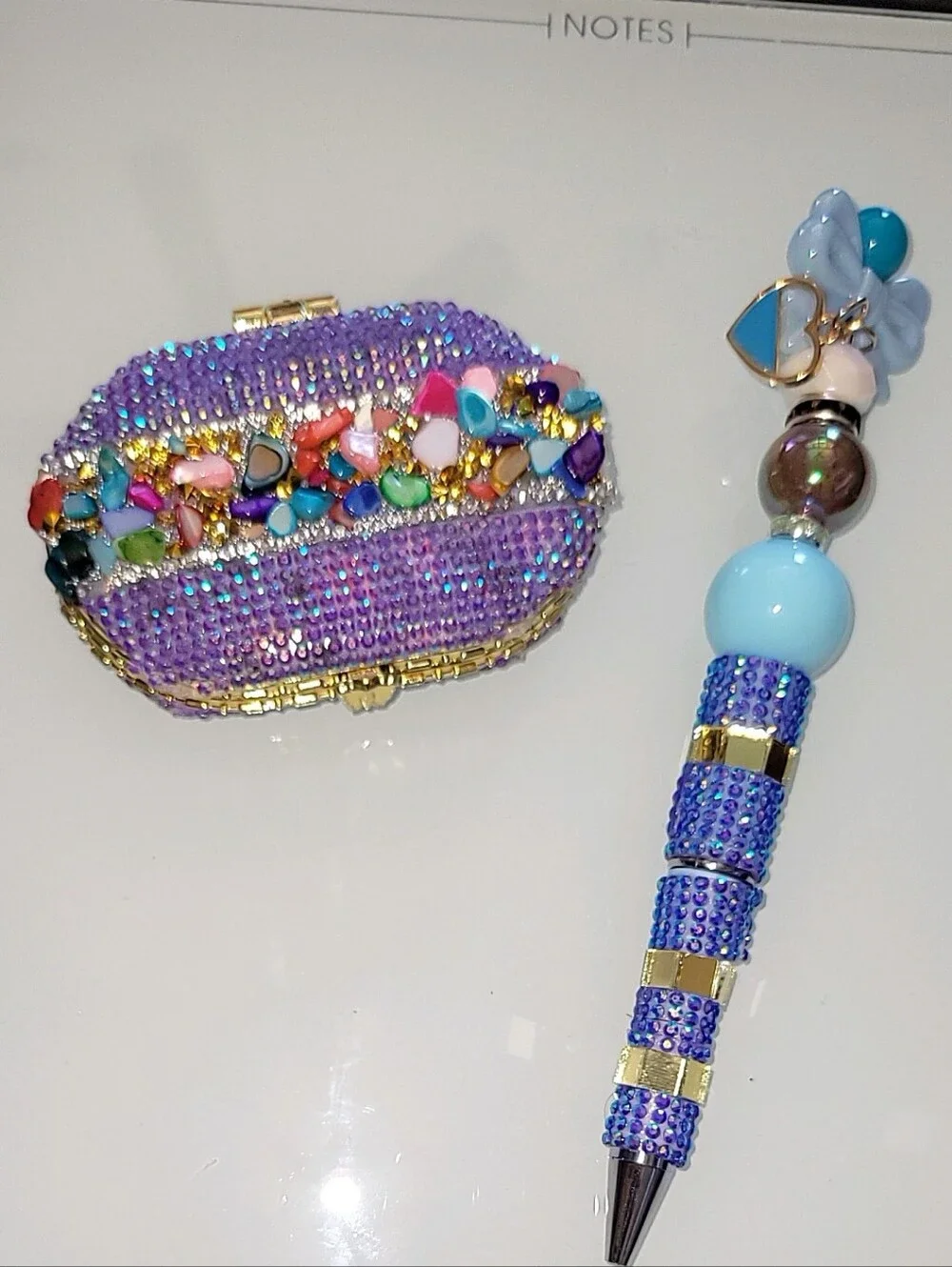 Handcrafted Rhinestone Compact Mirror & Beaded Pen Gift Set Purple Blue Sparkle